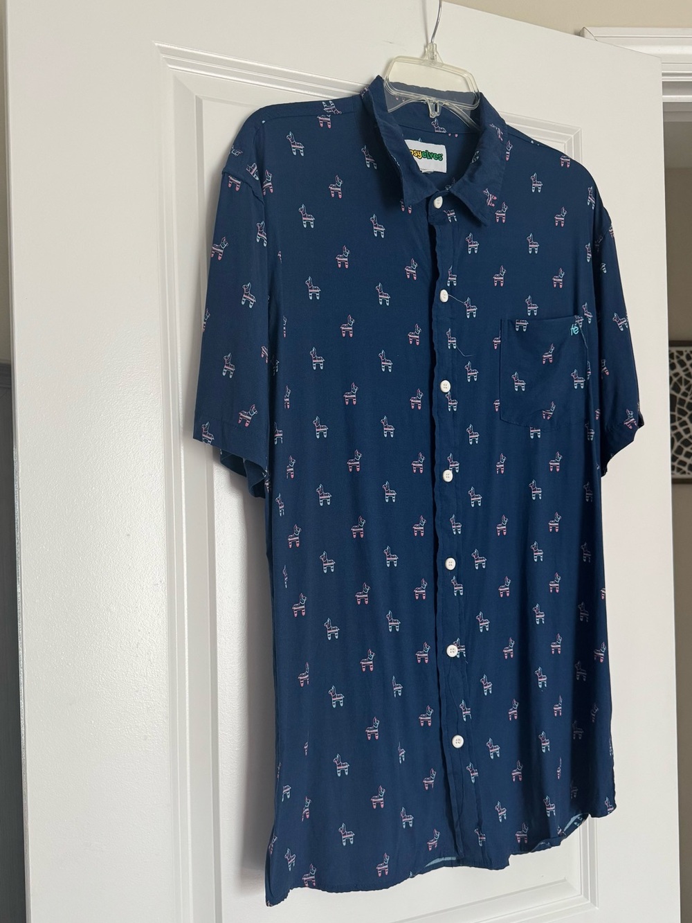 Tipsy Elves Navy Short-Sleeve Button-Up with Pink Pinata Print